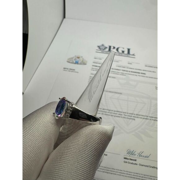Lab Grown Oval Cut Rainbow Topaz with Diamond on Sterling Silver Ring - Picture 5 of 6